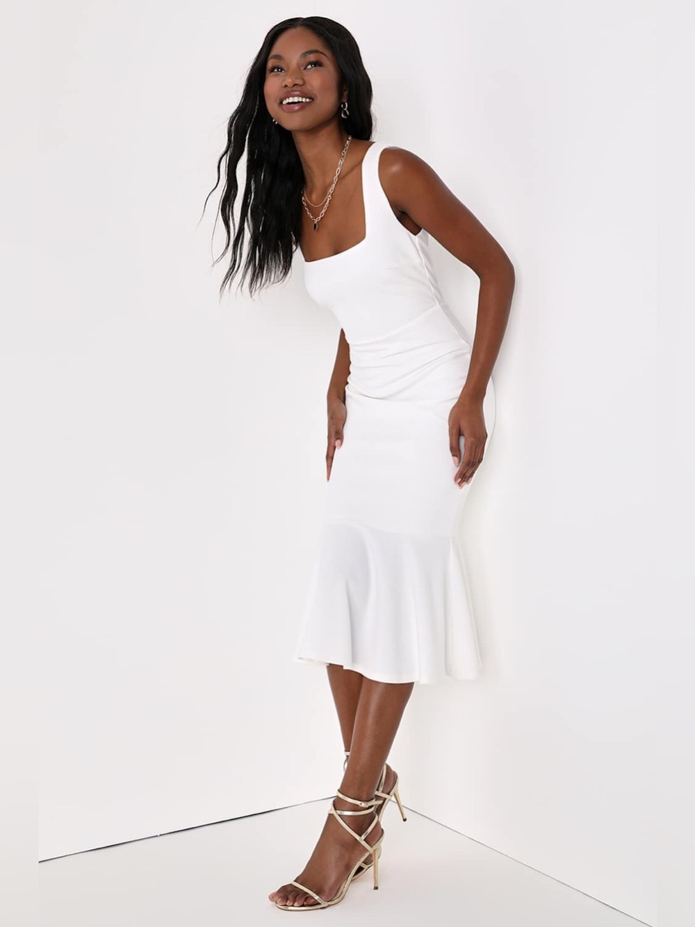 Lulus Moment Maker White Square Neck Trumpet Midi Dress‎ New medium - Picture 3 of 7
